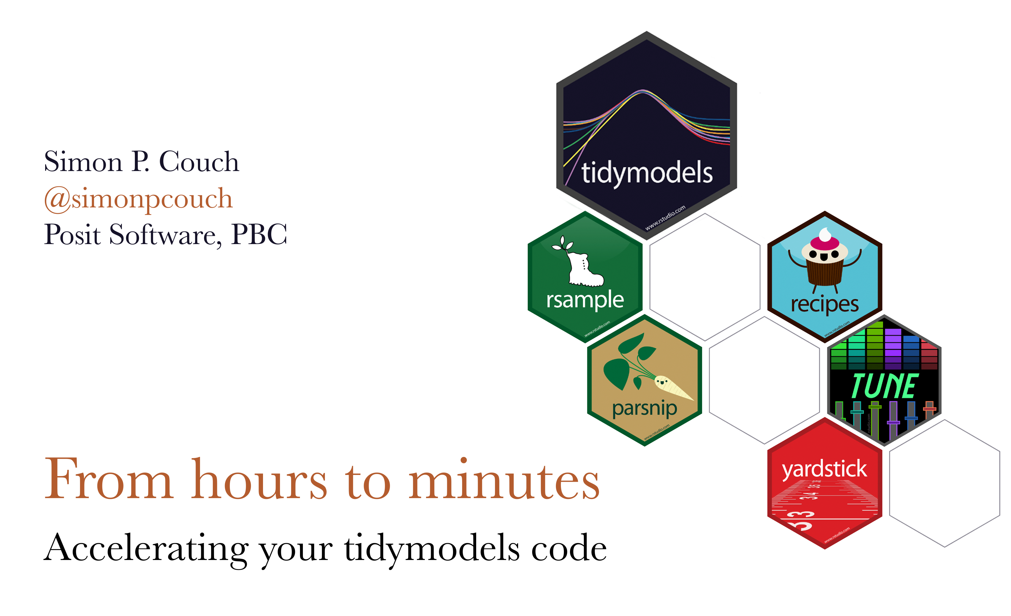 Title slide, reading "Fair machine learning with tidymodels," my name, Simon P. Couch, and my affiliation, Posit Software, PBC. To the right of the text are six hexagonal stickers showing packages from the tidymodels.