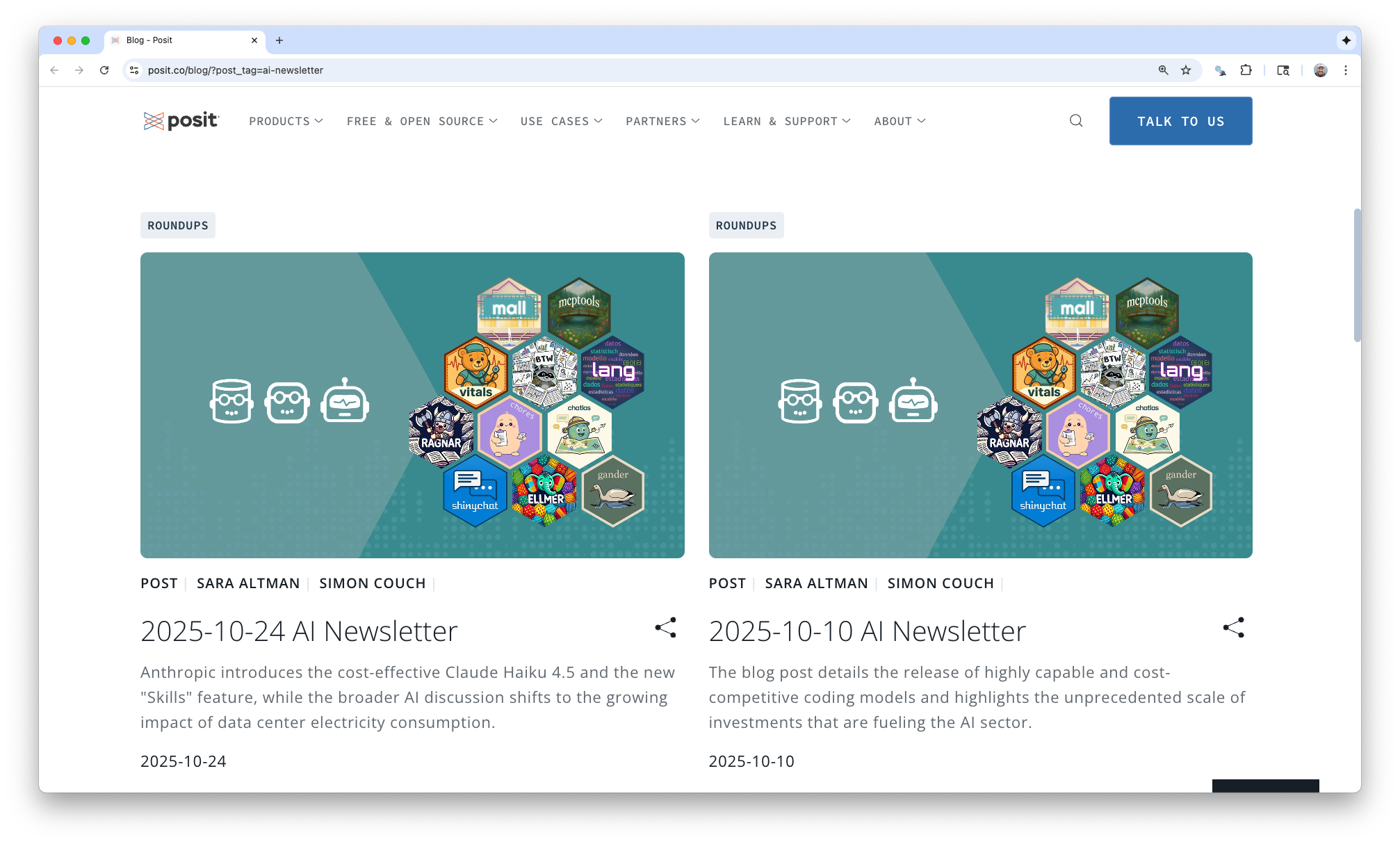 A screenshot of the Posit Blog with two entries of the AI Newsletter shown at the top. Both are titled with their date and authored by Sara Altman and myself.