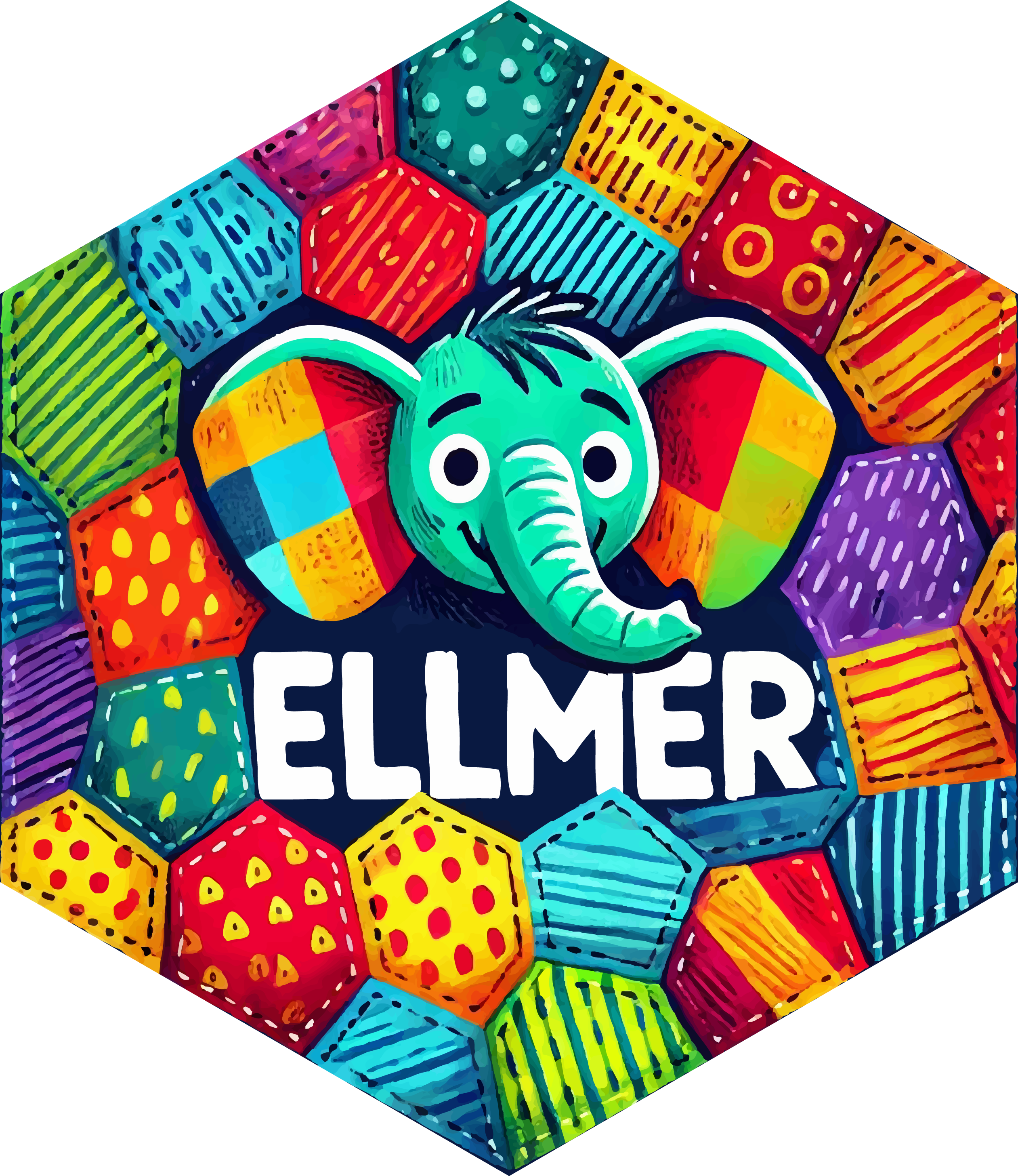 The ellmer hex sticker, a colorful elephant in a patchwork of fabrics.