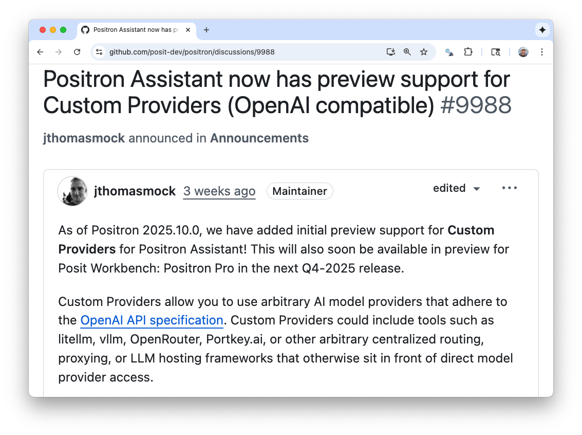 A screenshot of a post 'Positron Assistant now has preview support for Custom Providers (OpenAI compatible)' from Tom Mock.