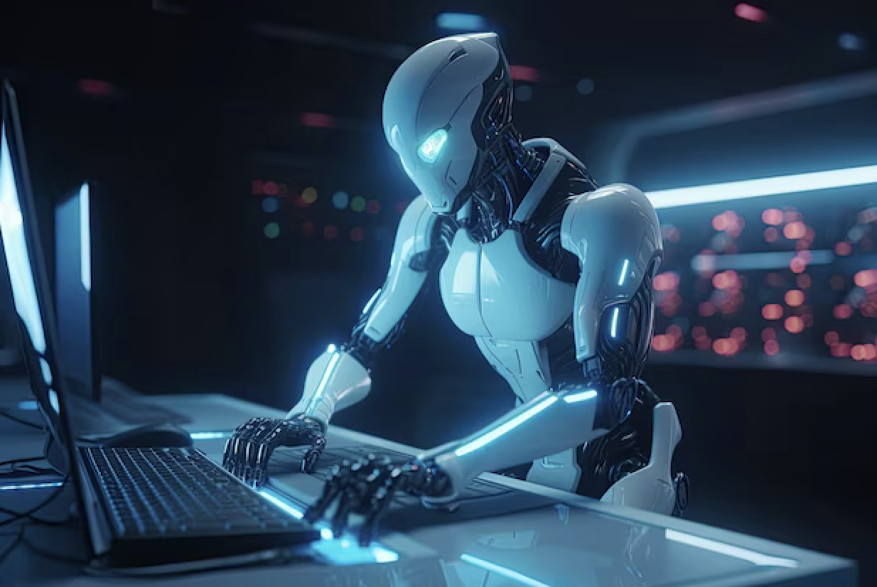 A humanoid robot typing on a laptop in a control room.