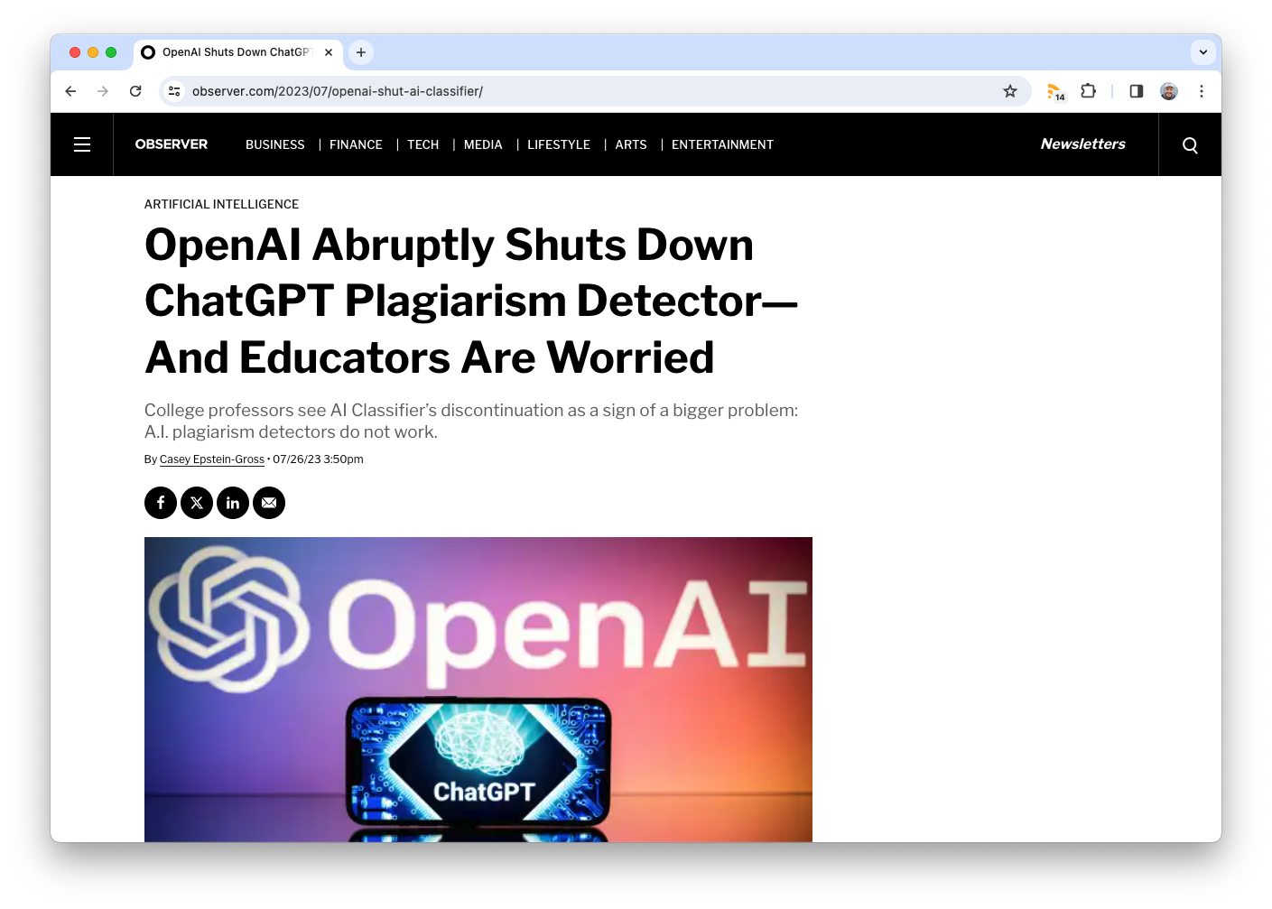 A screenshot of a web article with title "OpenAI abruptly shuts down ChatGPT plagiarism detector, and educators are worried."