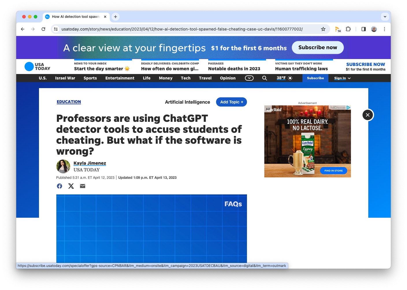 A screenshot of a web article with title "Professors are using ChatGPT detector tools to accuse students of cheating. But what if the software is wrong?"