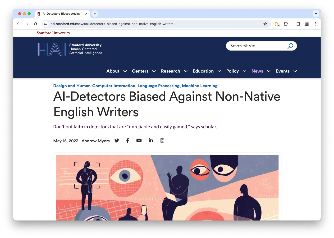 A screenshot of a web article with title "AI detectors biased against non-native English writers."