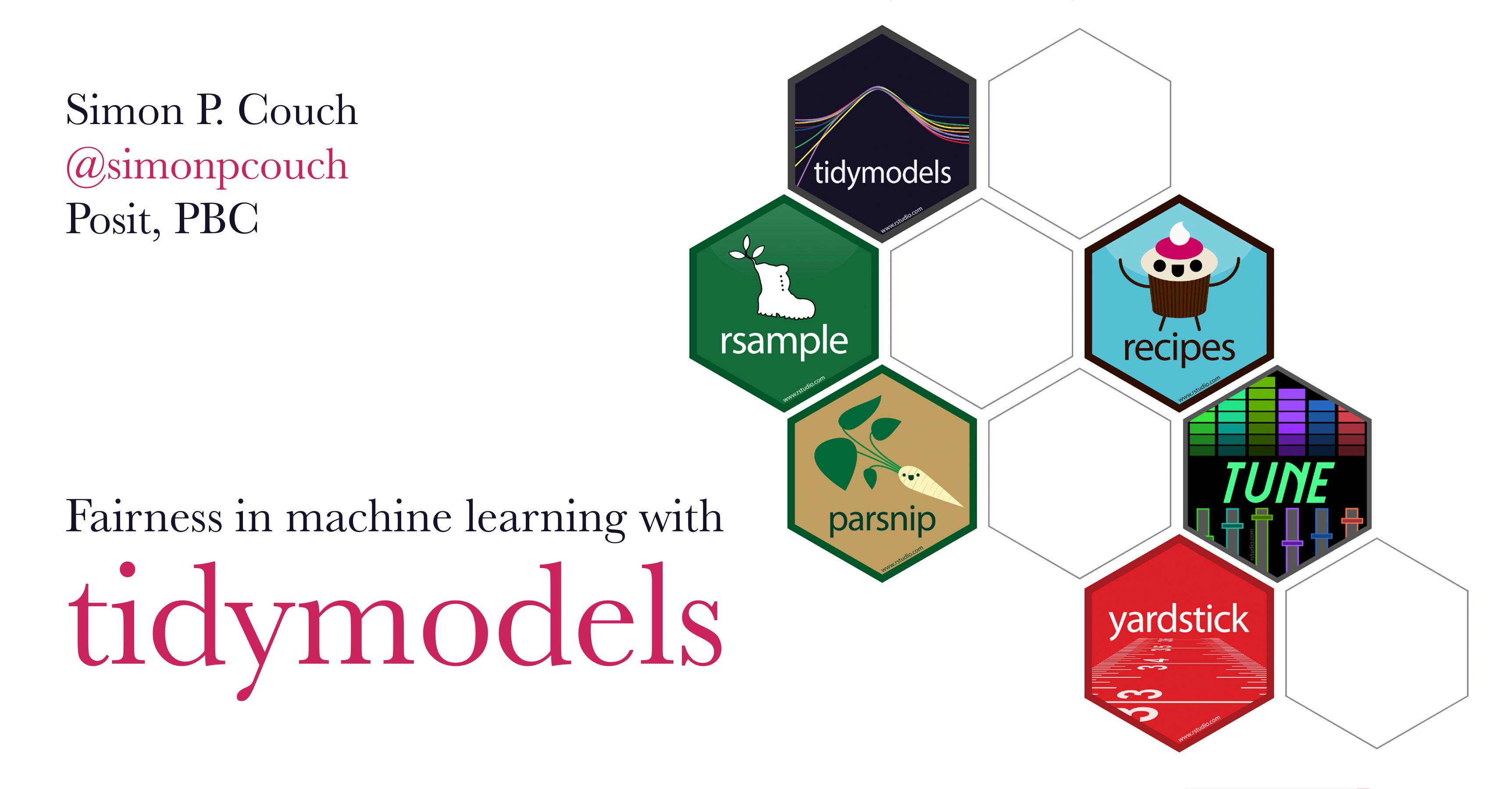 Title slide, reading "Fairness in machine learning with tidymodels," my name, Simon P. Couch, and my affiliation, Posit PBC. To the right of the text are six hexagonal stickers showing packages from the tidymodels.