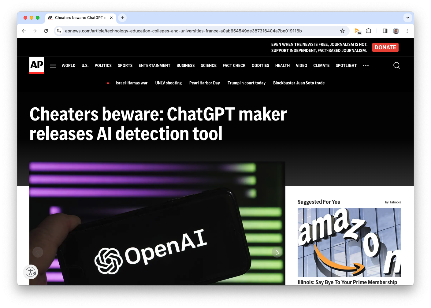 A screenshot of a web article with title "Cheaters  beware: CHATGPT maker releases AI detection tool."