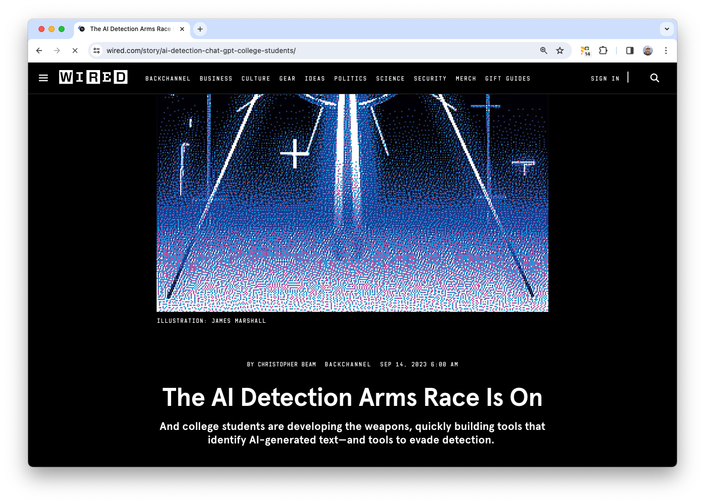 A screenshot of a web article with title "The AI detection arms race is on."