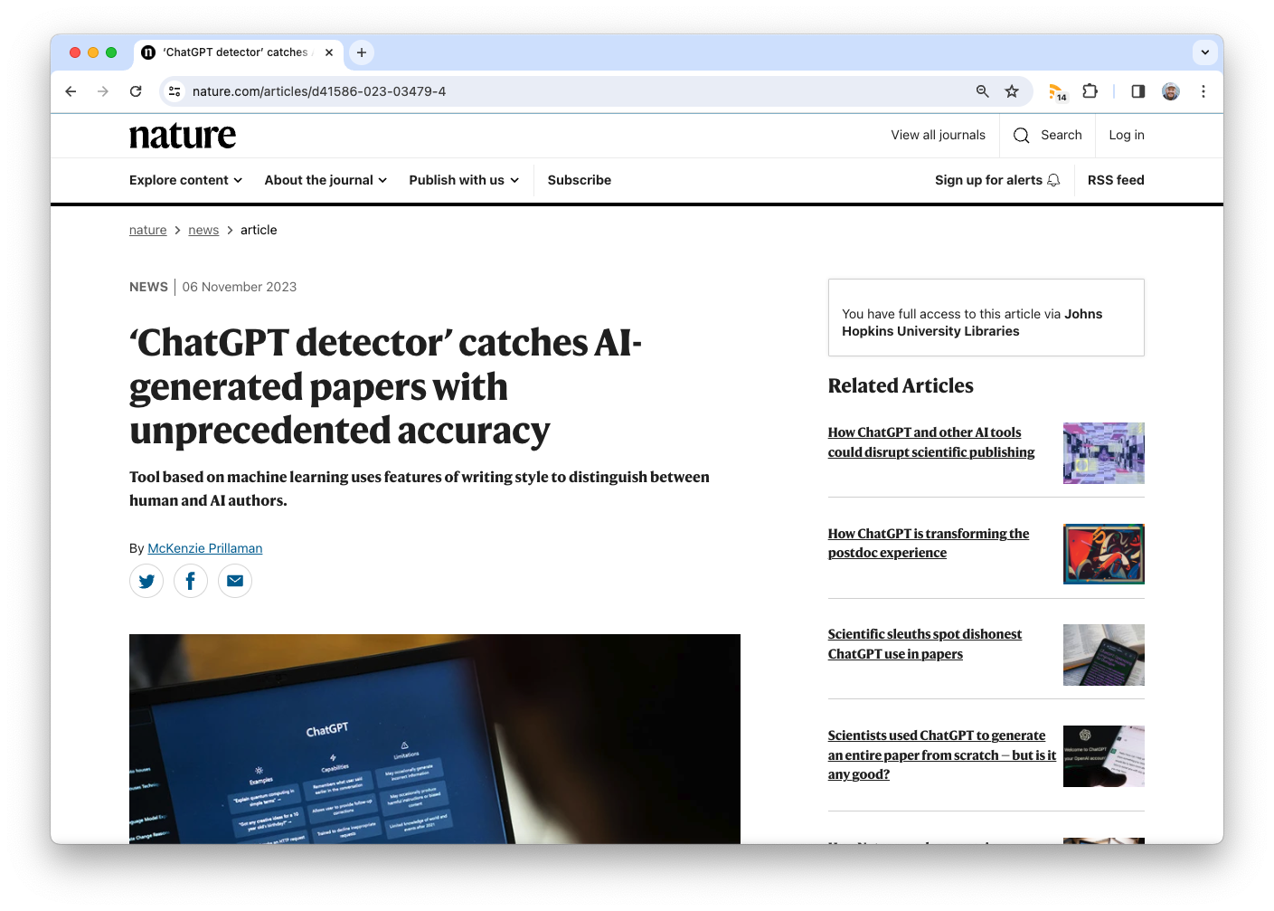 A screenshot of a web article with title "ChatGPT detector catches AI-generated papers with unprecedented accuracy."