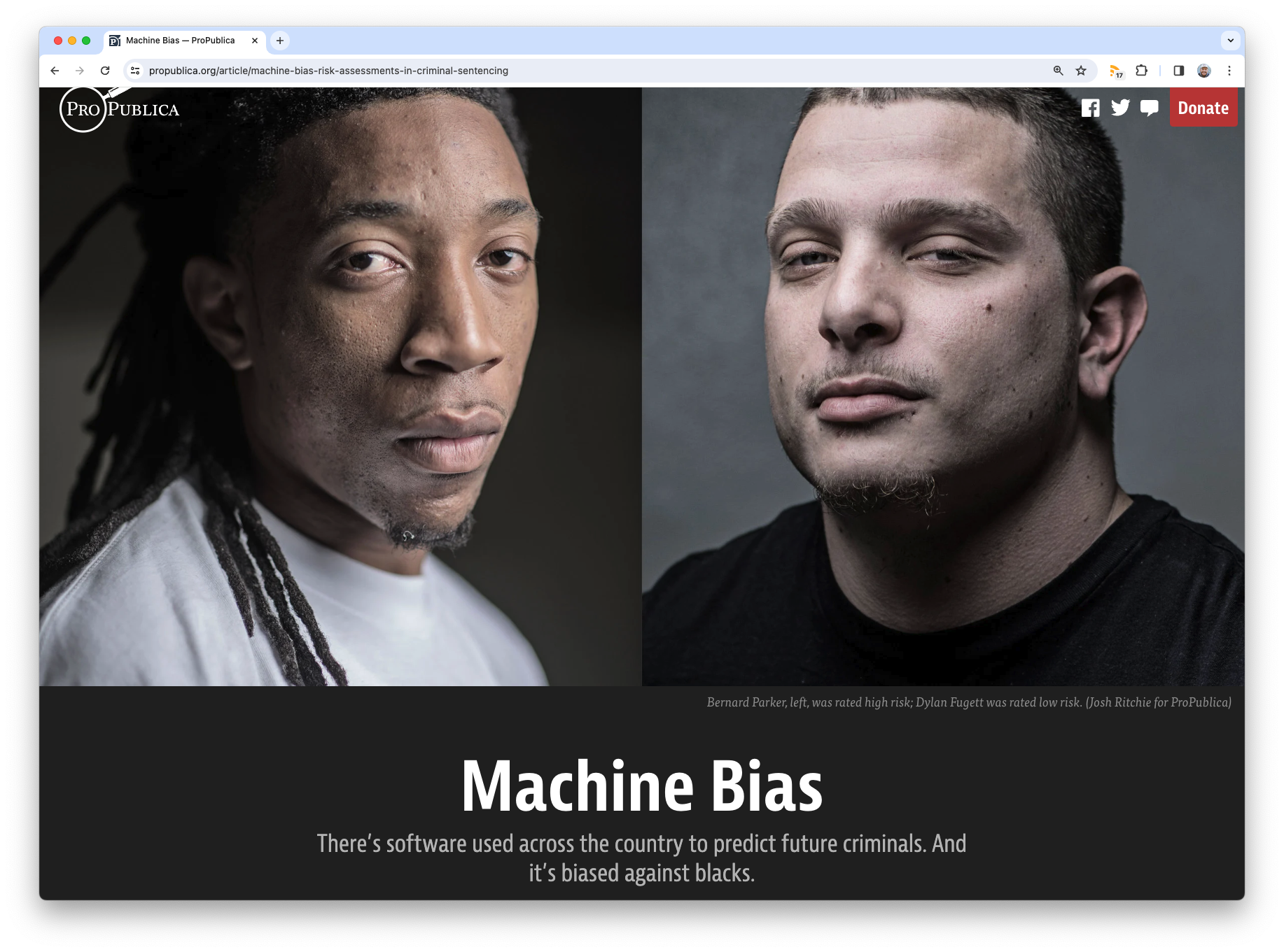 A screenshot of a webpage from ProPublica. The hero image is composed of a picture of two men, side by side, one black and one white, with the title "Machine bias."