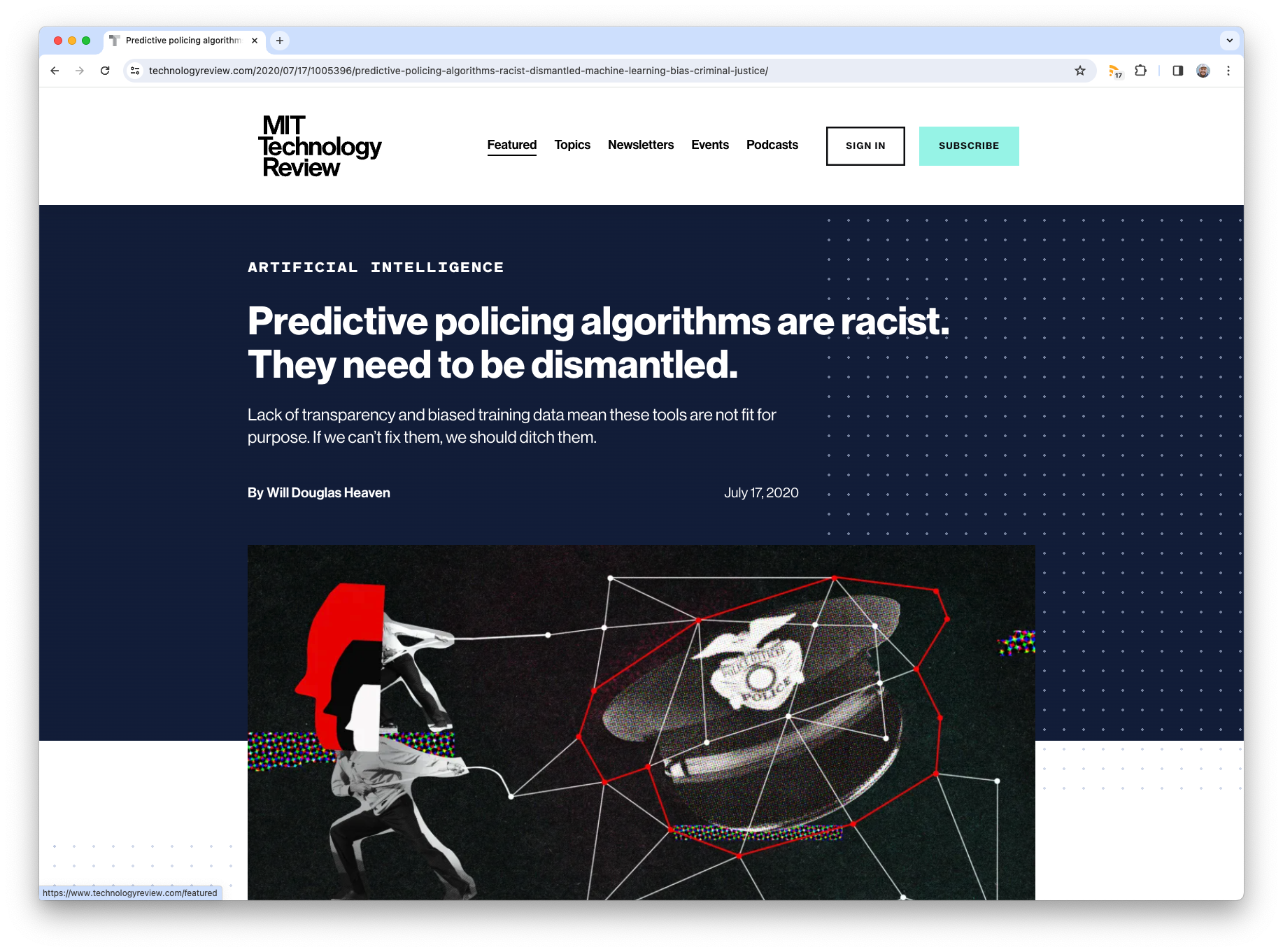 A screenshot of a web article with the title "Predictive policing algorithms are racist. They need to be dismantled."