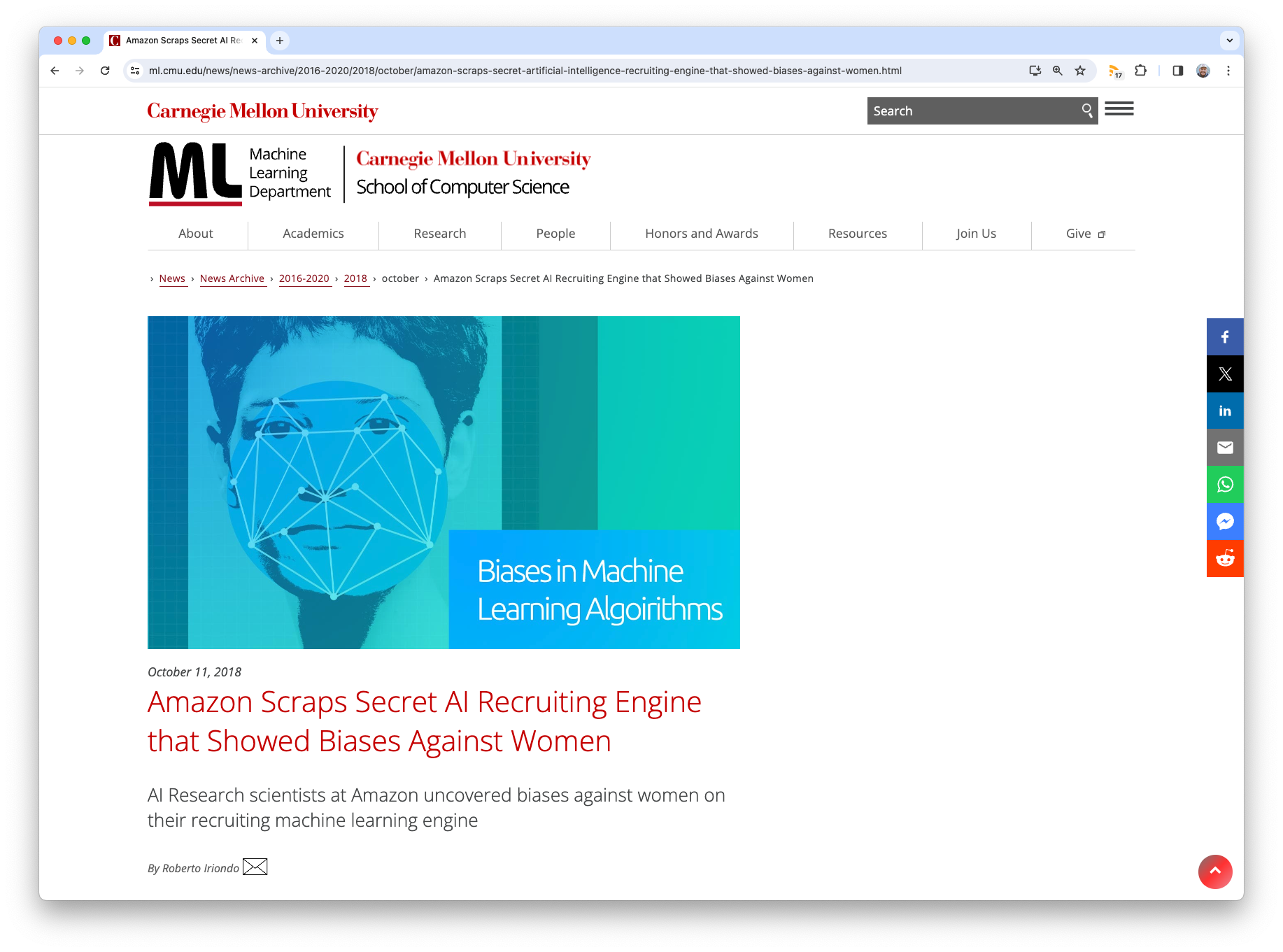 A screenshot of a web article with the title "Amazon scraps secret AI recruiting engine that showed biases against women."