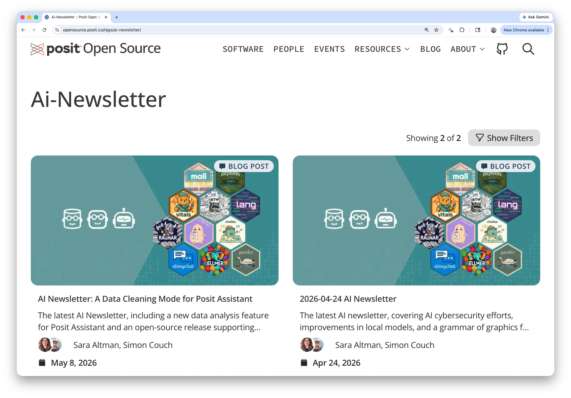 A screenshot of the Posit Open Source Blog with a recent entry of the AI Newsletter. Both are titled with their date and authored by Sara Altman and myself.